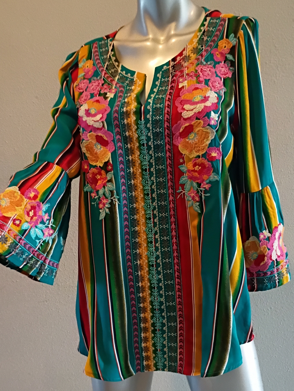 Savanna Jane Southwest Boho Cowgirl  Floral Embroidered Striped Blouse-Sz Small